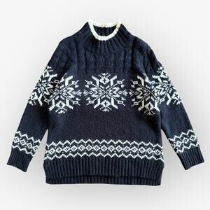 Talbots Fair Isle Nordic Wool Blend Mock Neck Sweater, Size LP, Navy-Cream